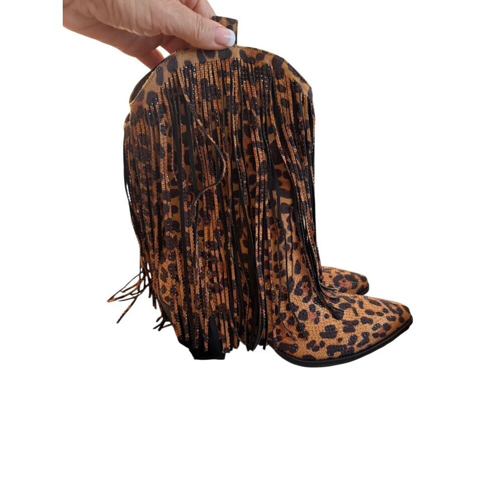 Ouepiano Womens Cowboy Boots Size 8.5 Leopard  Rhinestone Fringe Coachella New - Picture 11 of 16